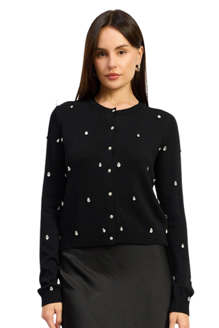 Black Serena Cardigan with long sleeves, button front, and scattered rhinestone embellishments.