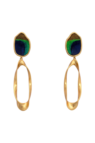 Brackish Kimberly Organic Drop Earrings handcrafted with iridescent peacock feathers and matte gold-plated organic drop accents.