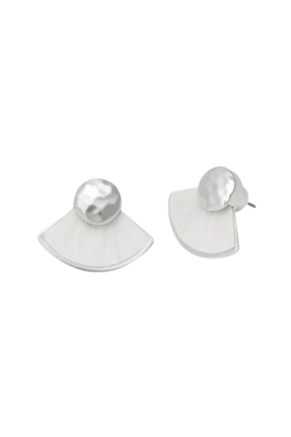 Brackish Bianca Stud Earrings in Silver featuring handcrafted white rooster feathers in a fan silhouette with sterling silver-plated stud hardware.