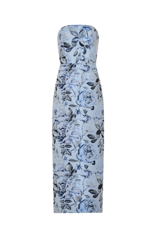 Milly Ella Dress blue navy strapless floral jacquard maxi column dress with back slit