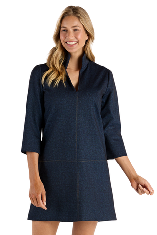 Jude Connally Callie Dress in Navy featuring a point collar, 3/4-length sleeves, saddle contrast stitching, and mini silhouette.