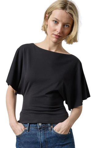 Lilla P Tie Back Dolman Top in Black featuring dramatic short dolman sleeves, a relaxed draped silhouette, and versatile tie detail.