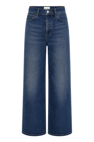 FRAME The Loose Jean in Logic featuring a high-rise waist, relaxed wide-leg silhouette, and medium-blue denim wash.