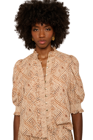Love the Label Zinny Top in Wuthering Winds Print featuring an intricate neutral print, split neckline, and short puff sleeves.