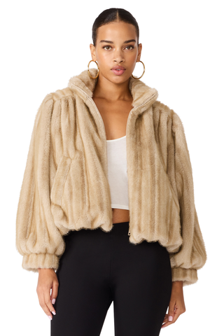 Deedee Jacket in Heather Almond featuring plush faux fur, a stand collar, voluminous sleeves, and a cropped silhouette.
