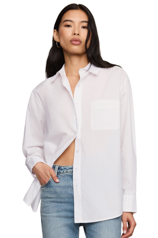 Z Supply The Gallery Button Up in White featuring crisp cotton poplin, a classic collar, button-front closure, long sleeves, and relaxed silhouette.