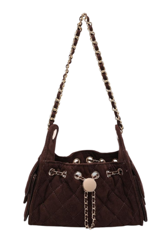 Urban Expressions Royalty Shoulder Bag in Espresso featuring quilted faux suede, gold-tone hardware, woven shoulder strap, and drawstring closure.