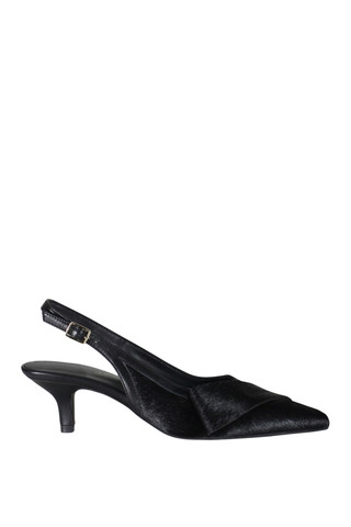 Diba True Settle Down Pump in black leather featuring a pointed toe, slingback strap, buckle closure, and low kitten heel.