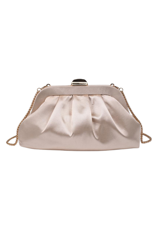 Urban Expressions Winter Clutch in Champagne with soft pleating, polished metal frame, kiss-lock clasp, and slender chain strap.