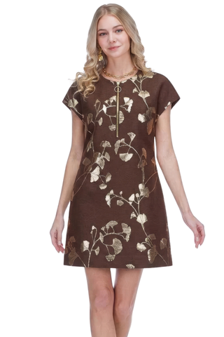 Jade Zipper Shift Dress in Autumn Gold brown botanical print with short sleeves and a classic mini shift silhouette.