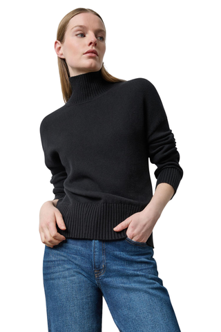 Lilla P Relaxed Mock Turtleneck Sweater in Black featuring a soft cotton-cashmere knit, long sleeves, and comfortable mock neckline.