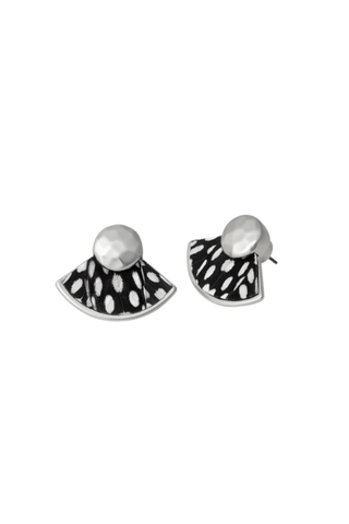 Brackish Hiott Stud Earrings in Silver featuring handcrafted black and white spotted guinea feathers in a fan silhouette with sterling silver-plated stud hardware.