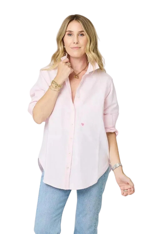 Kerri Rosenthal Mia lightweight oxford shirt in soft pink with button front and relaxed fit styled with jeans