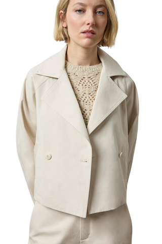 Lilla P Short Blazer in Porcelain featuring a cropped double-breasted silhouette, notch lapels, and structured cotton twill.