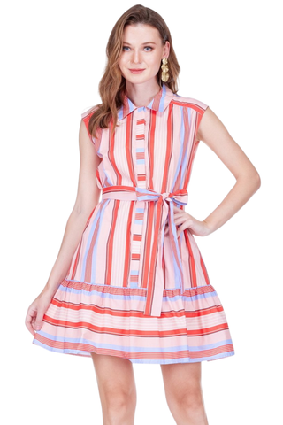 Sleeveless red and white striped shirtdress with button-front placket, self-tie waist belt, and tiered ruffle hem, shown on model against white background.