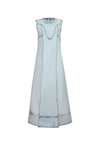Sleeveless washed blue denim maxi dress with full skirt.