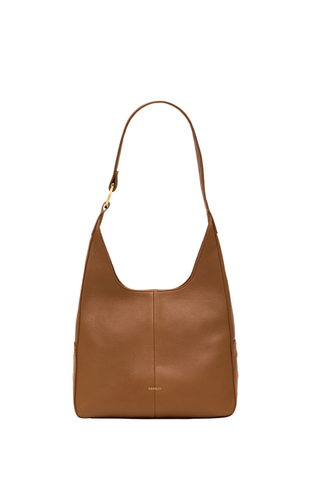 Hammitt Tim Med Handbag in Mahogany Pebble featuring warm brown pebbled leather, brushed gold hardware, and a relaxed hobo silhouette.