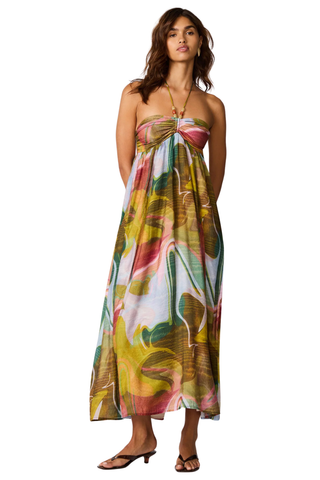 Steve Madden Yazmina maxi dress in Marble print featuring a flowy halter silhouette with bead detailing and abstract olive and blush tones