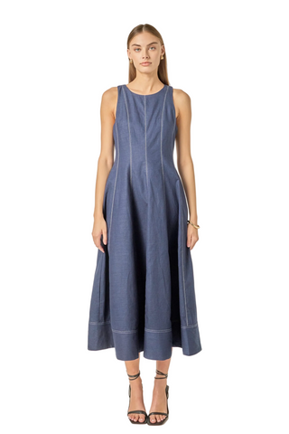 English Factory Linen Stitch Detail Midi Dress in Navy featuring a sleeveless linen silhouette with paneled seaming.