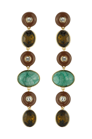 Mignonne Gavigan Liora Earrings in Multi featuring green and brown semi-precious stones, crystal accents, and a long gold-tone drop silhouette.