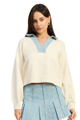 En Saison Dominique Sweater in Light Wash Denim featuring a cream knit body with a contrast denim collar.