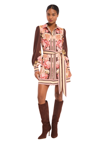 Misa Poppy Dress in In Full Bloom, a chocolate brown floral satin mini shirtdress with long sleeves, contrast trim, and a tie waist.