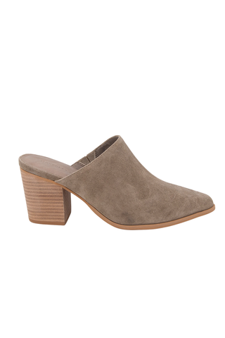Toffee suede pointed-toe mule with a stacked 3-inch block heel.