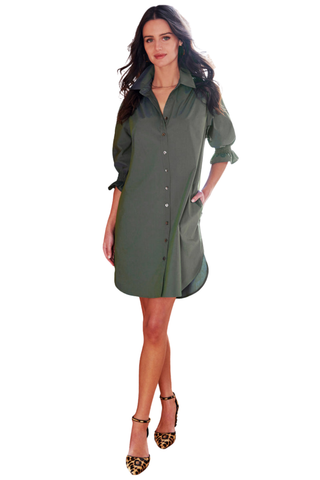 Finley Miller Dress in Jade featuring a green and blue cross-dyed fabric, spread collar, button-front closure, puff sleeves with smocked cuffs, and relaxed above-the-knee silhouette.