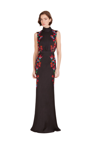 SALONI Gwen-C Dress in Equinox featuring a black base with red floral detailing, sleeveless high neckline, and floor-length flared skirt.