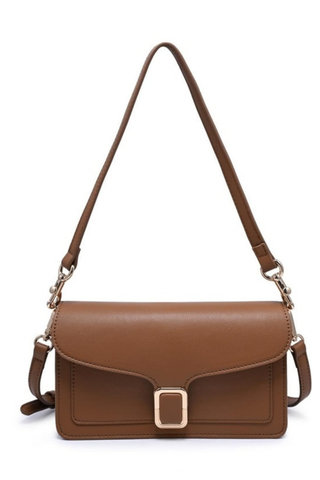 Urban Expressions Coco Crossbody in Camel featuring smooth vegan leather, a structured flap silhouette, buckle detail, and adjustable strap.