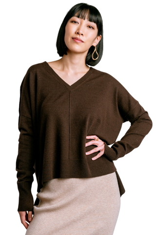 Kerisma Wagner Top in Chestnut featuring a V-neckline, long sleeves, and relaxed draped silhouette.