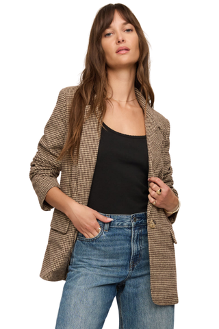 Z Supply Evan Check Blazer in Dark Chocolate brown houndstooth featuring a relaxed fit, notch collar, button front, and flap pockets.
