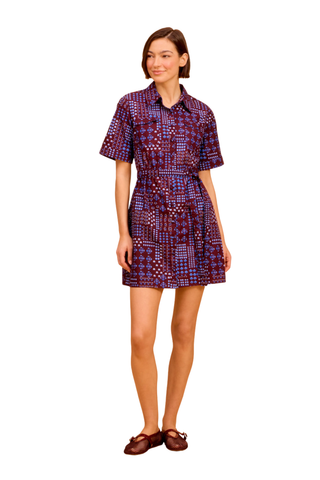 Olivia by Livro Tilly Dress in Alpine Sprigs featuring a burgundy and blue printed cotton poplin mini shirtdress with short sleeves, a collar, and a tie waist.