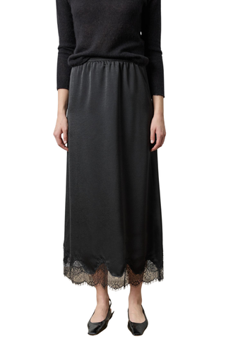 Lilla P Crepe Satin Lace-Trim Skirt in Black featuring a flowing midi silhouette, elastic waistband, and delicate lace detailing along the hem.