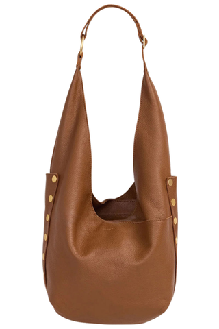 Hammitt Tom Zip Handbag in mahogany brown pebbled leather with brushed gold hardware and relaxed hobo silhouette.