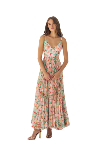 Kylan Dress azalea floral pleated maxi dress with v neckline from Hutch