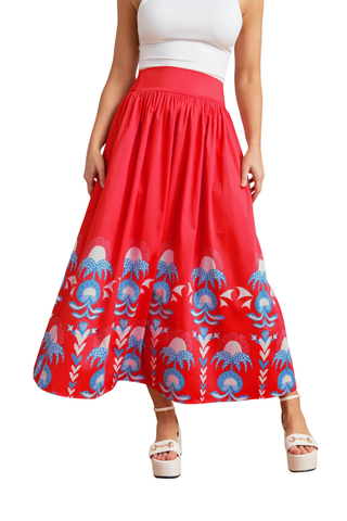 Sheridan French Lillian Skirt in Red Thistle featuring vibrant red print, maxi silhouette, smocked waistband, and colorful border detailing