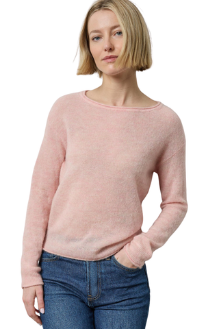 Lilla P Featherweight Crewneck Sweater in Petal featuring a soft pink semi-sheer wool-alpaca knit, long sleeves, and relaxed silhouette.