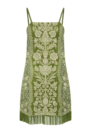 Anna Cate Parker dress in green with ivory floral pattern, adjustable straps, and fringe hem detail