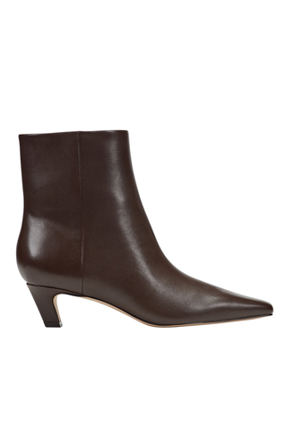 Marc Fisher LTD Danai Bootie in dark brown leather featuring a square toe, low kitten heel, and sleek ankle silhouette.