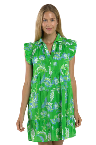Jude Connally Alanna Dress Feathered Floral Grass green floral mini dress with flutter sleeves and collar neckline Monkee's of the West End