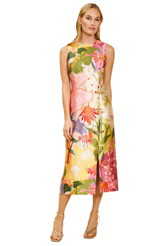Mestiza Serena midi dress in colorful floral print with asymmetrical front and gold hardware detail