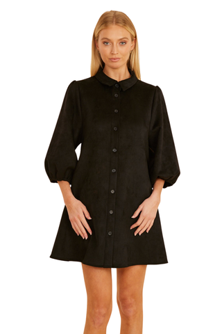 Dolce Cabo A-Line Suede Dress in Black featuring soft faux suede, a collared button front, three-quarter puff sleeves, and an A-line mini silhouette.