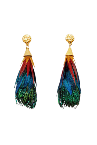 Model wearing the Brackish Leigh Statement Earring featuring handcrafted emerald green, royal blue, red, and yellow natural feathers with a 24K gold-plated stud and elongated teardrop silhouette.