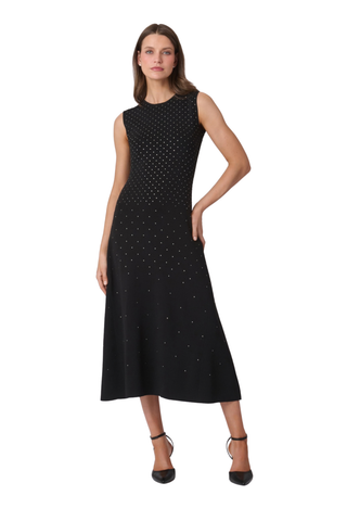 Shoshanna Serenity Dress in jet black featuring a sleeveless midi silhouette and subtle textured finish.