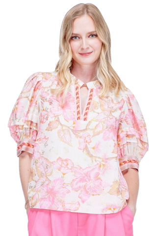 Pink floral blouse with puff sleeves and trimmed split neckline