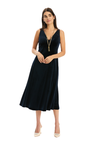 Tyler Boe Fiona Velvet Maxi Dress in Black featuring a sleeveless V-neckline and flowing velvet silhouette.