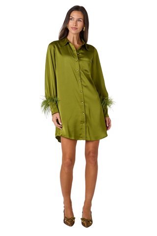 Crosby Crawford Dress in Martini green featuring a collared neckline, button-front design, long sleeves, and feather-trimmed cuffs.