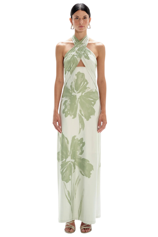 Green halter neck fitted maxi dress with floral print by Especia