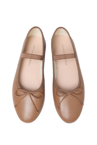 Loeffler Randall Leonie Soft Ballet Flat in Safari tan leather featuring a bow detail, elastic bridge strap, and almond-shaped toe.